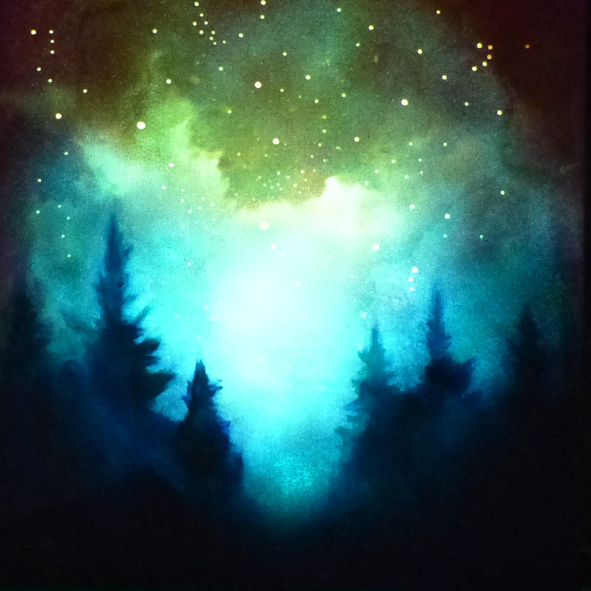 glow in the dark trees against a vibrant nebula with stars