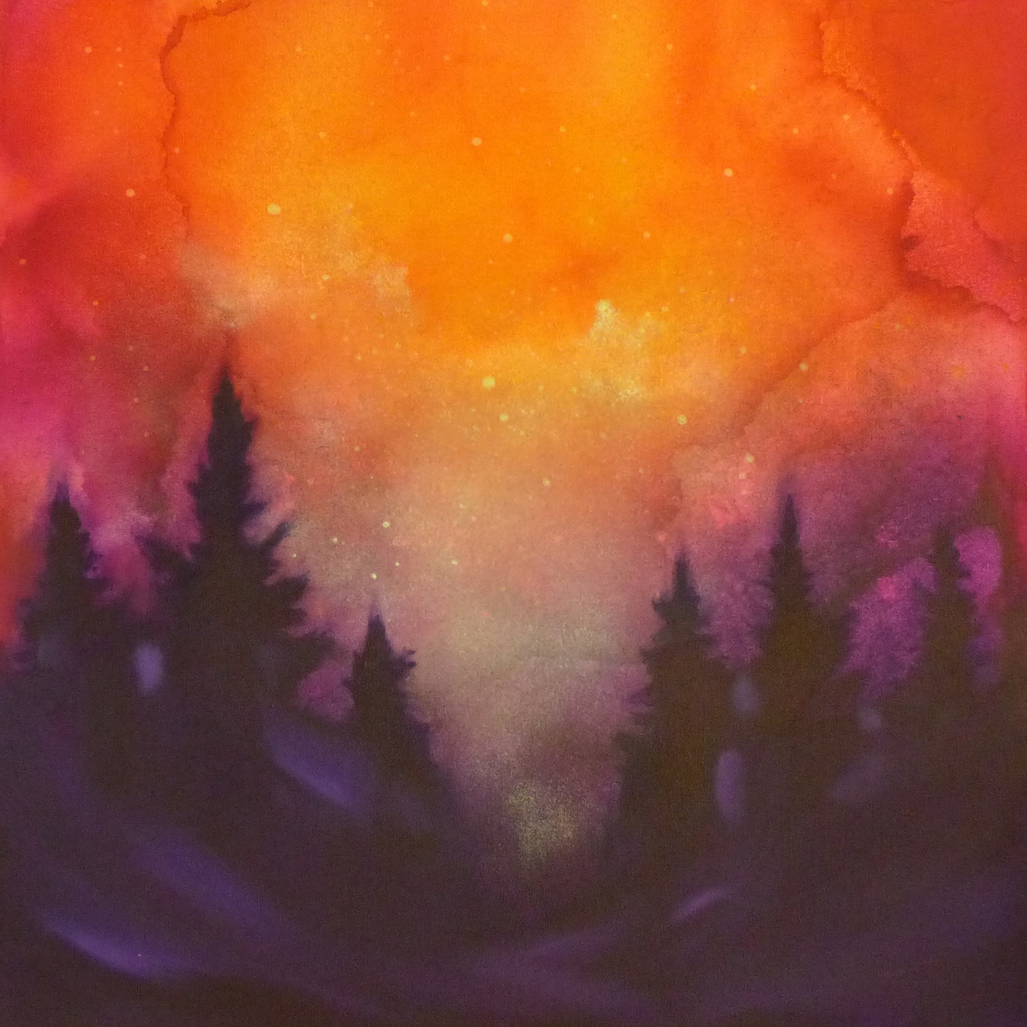 Colorful glow in the dark sky painting with silhouettes of trees