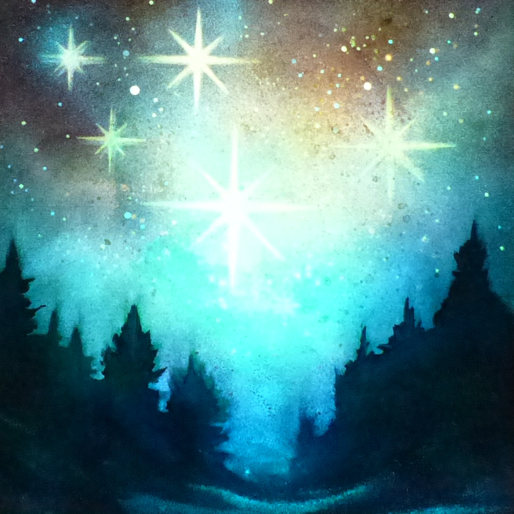 Starry night sky over a glow in the dark forest with a bright star shining through.