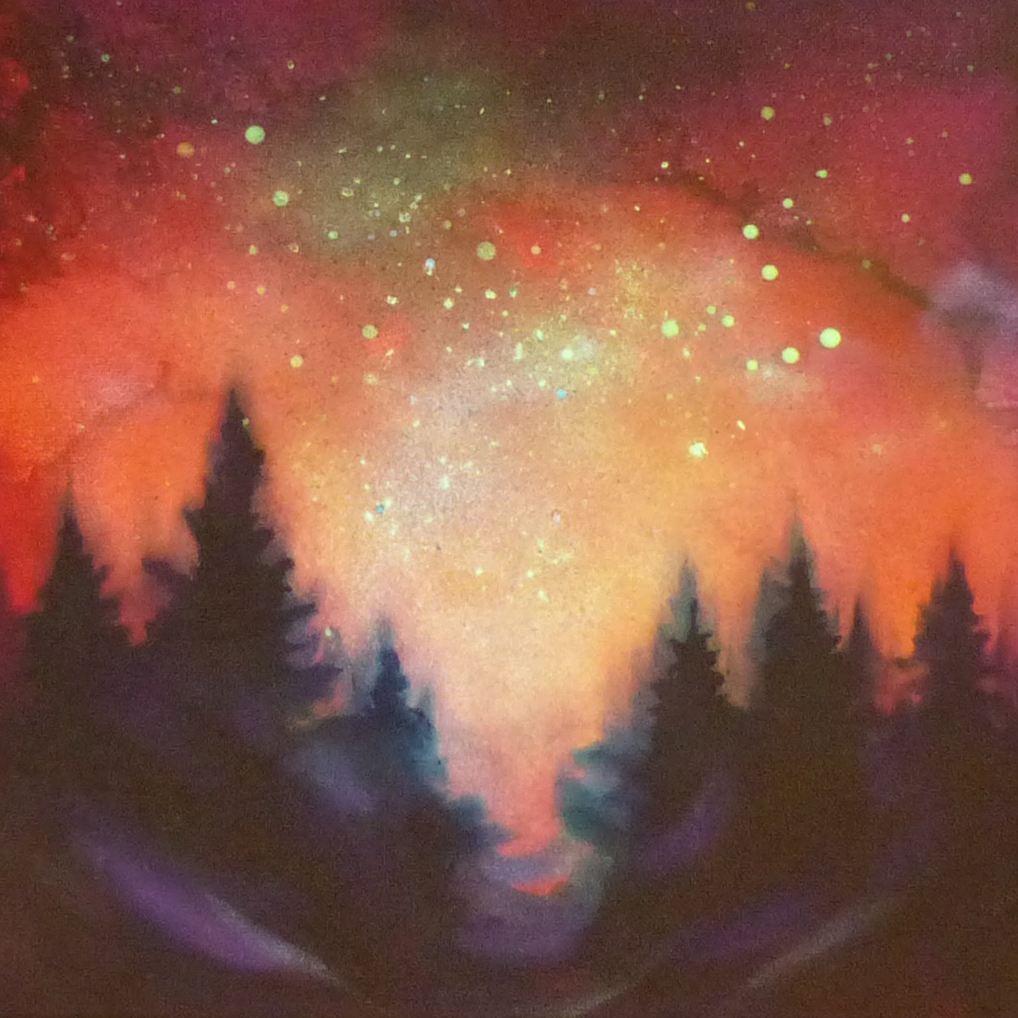 Colorful glow in the dark sky painting with tree silhouettes