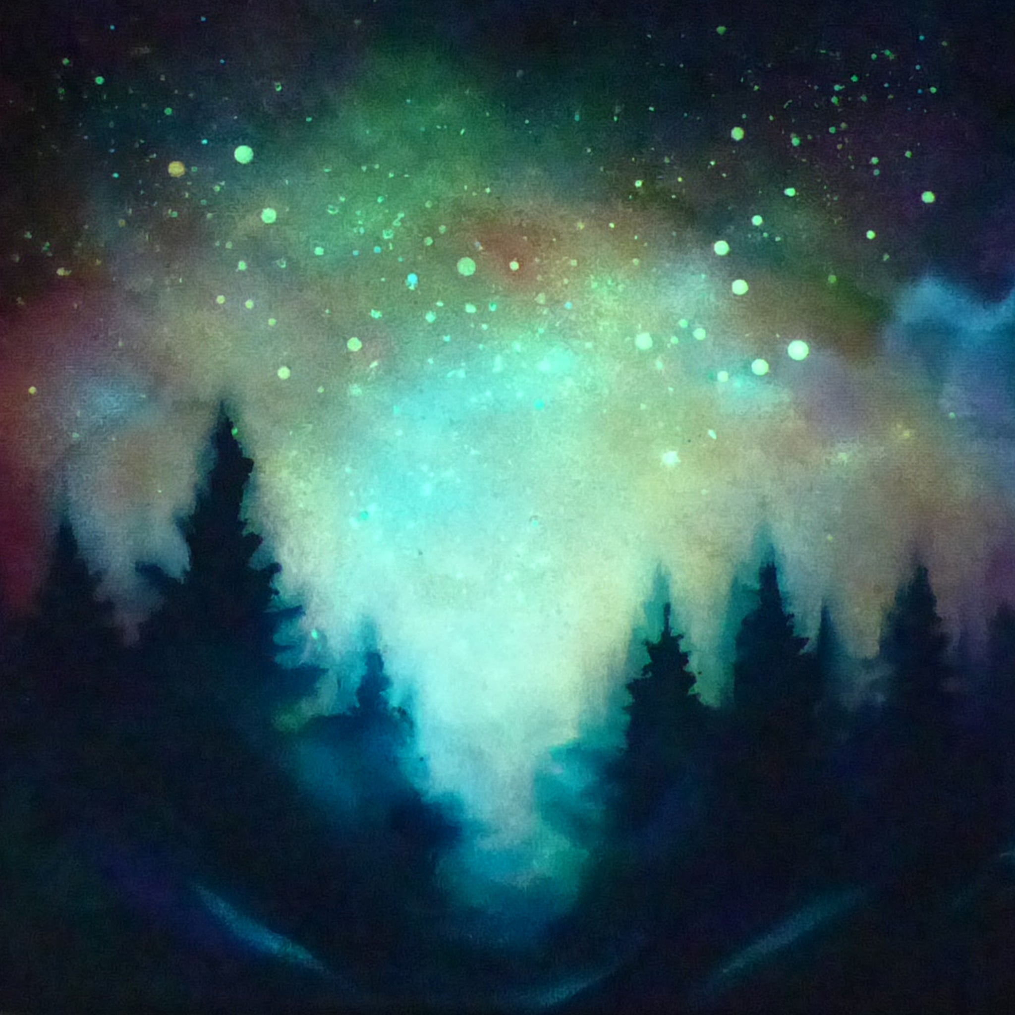 Artistic depiction of a glow in the dark forest under a starry night sky with glowing green and blue colors.