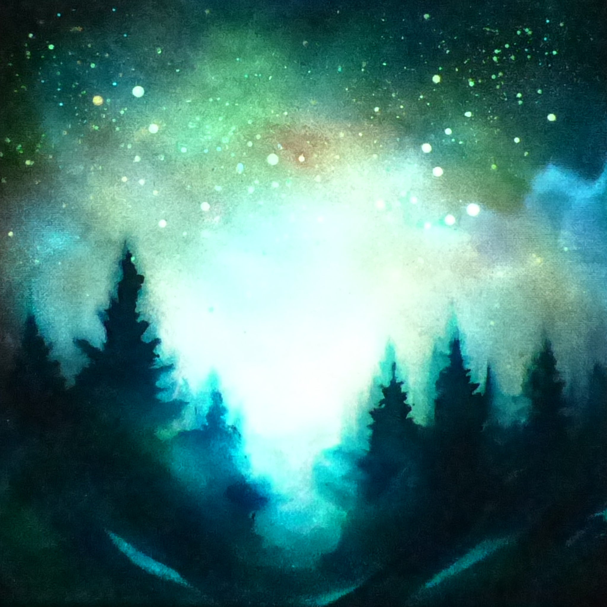 glow in the dark forest with a glowing blue and green sky landscape art 
