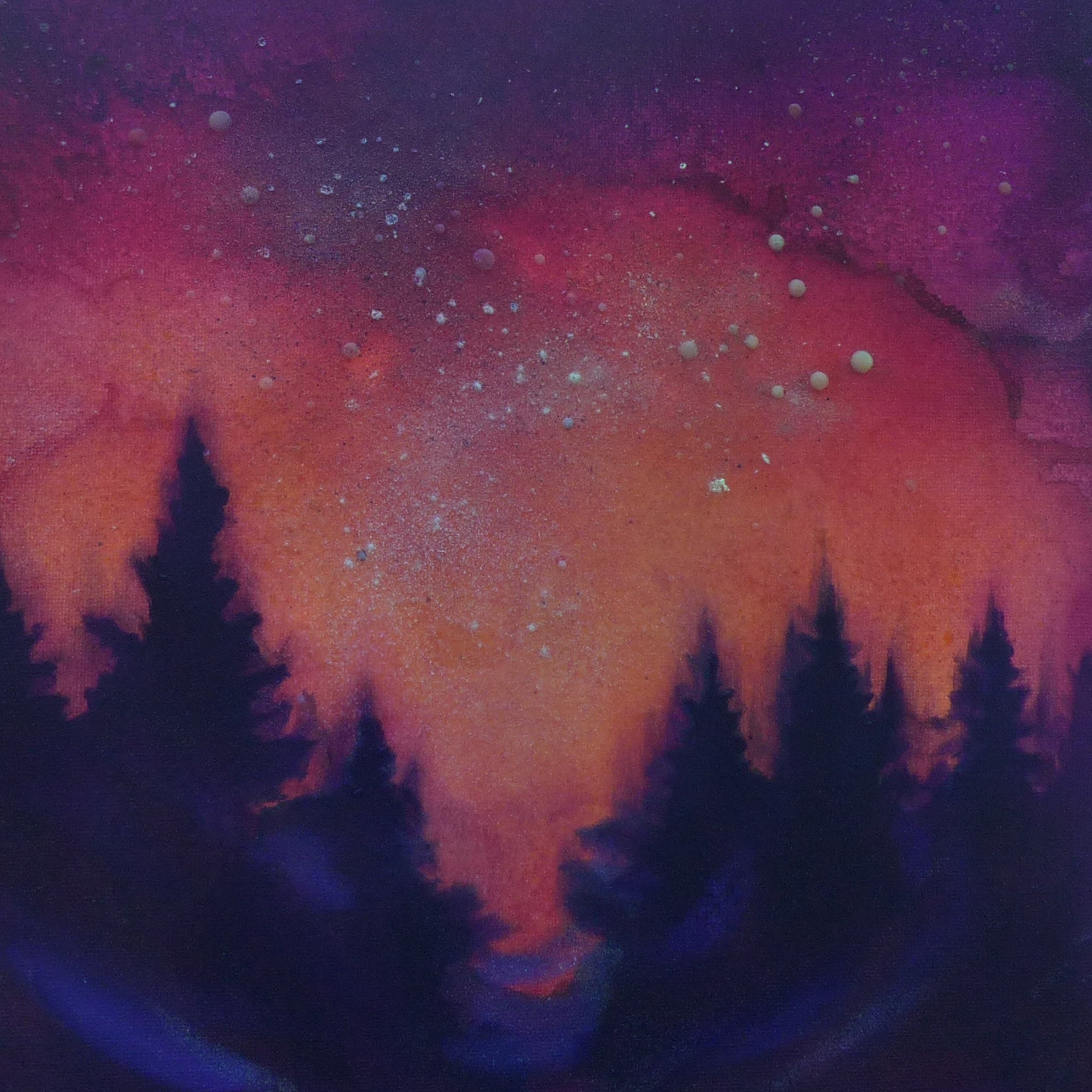 glow in the dark forest under a starry night sky with vibrant purple and orange hues.