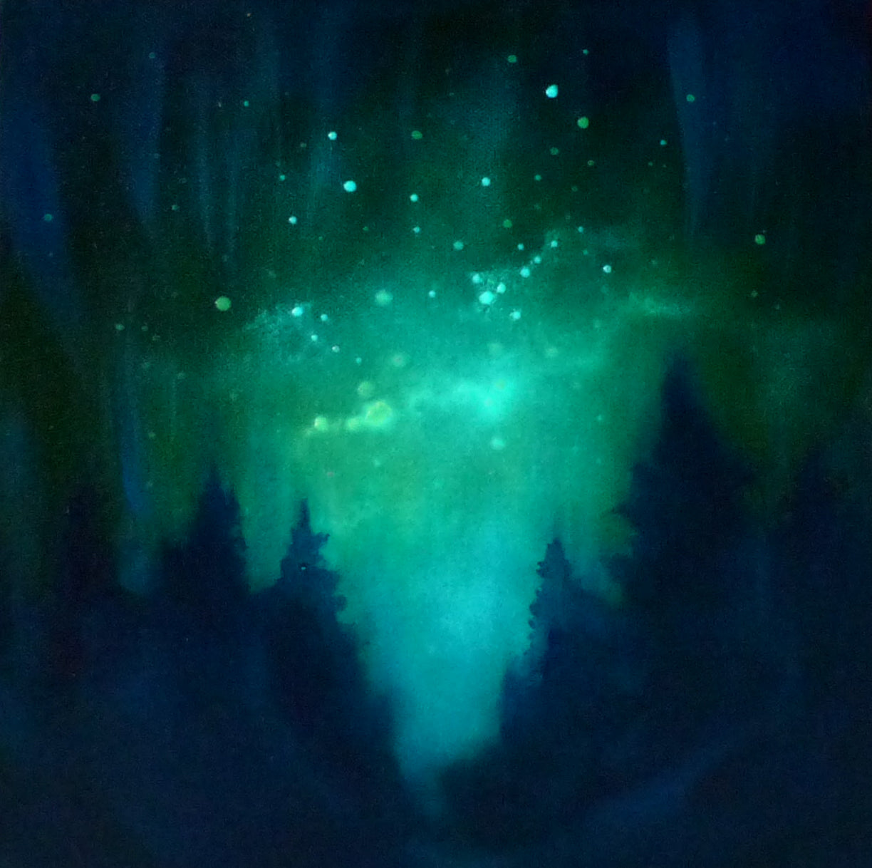 Aurora borealis over a glow in the dark forest silhouette