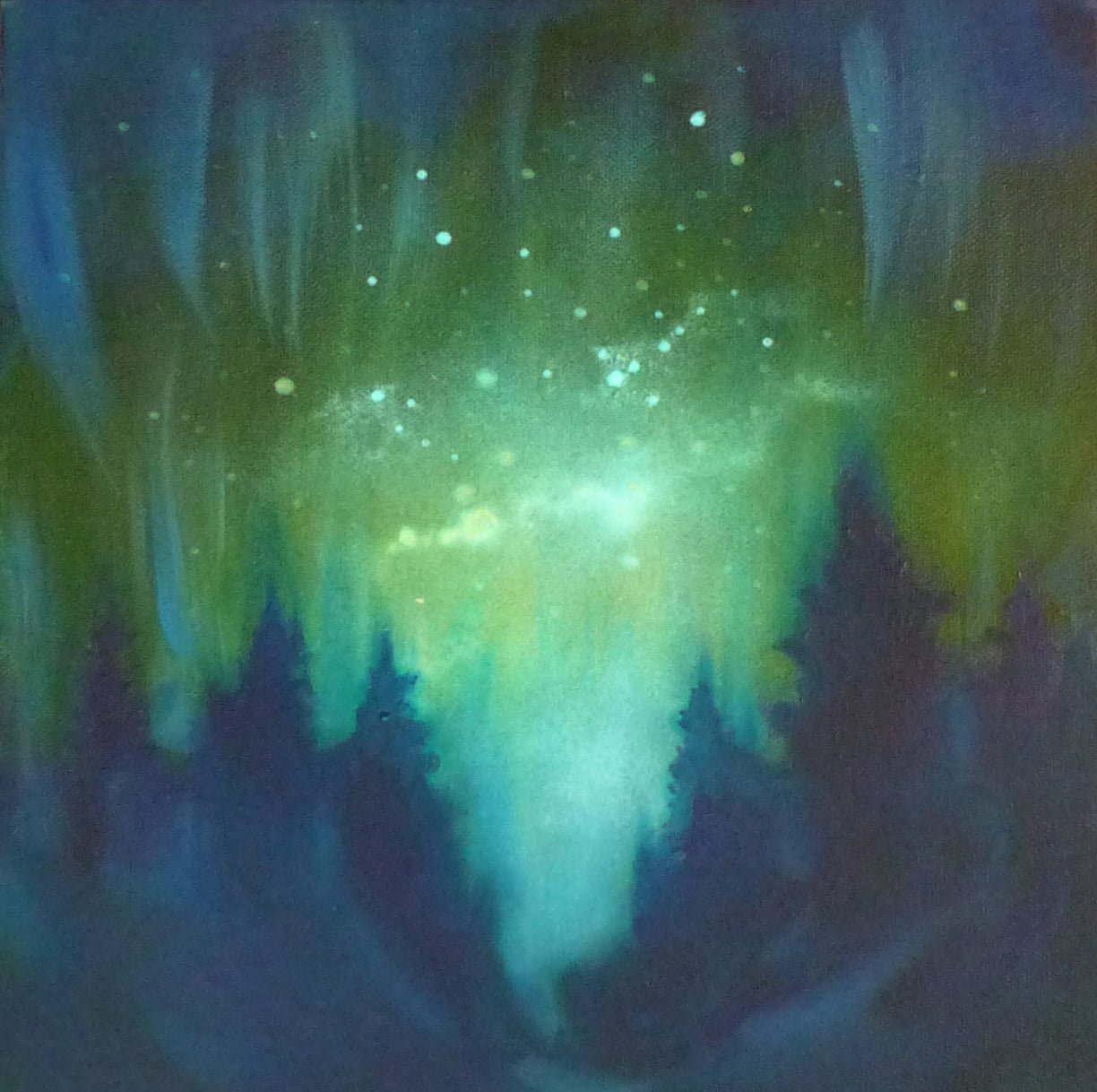glow in the dark northern lights  art with green and blue hues on a dark background
