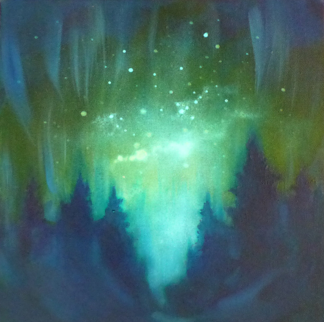 glow in the dark aurora painting with green and blue hues