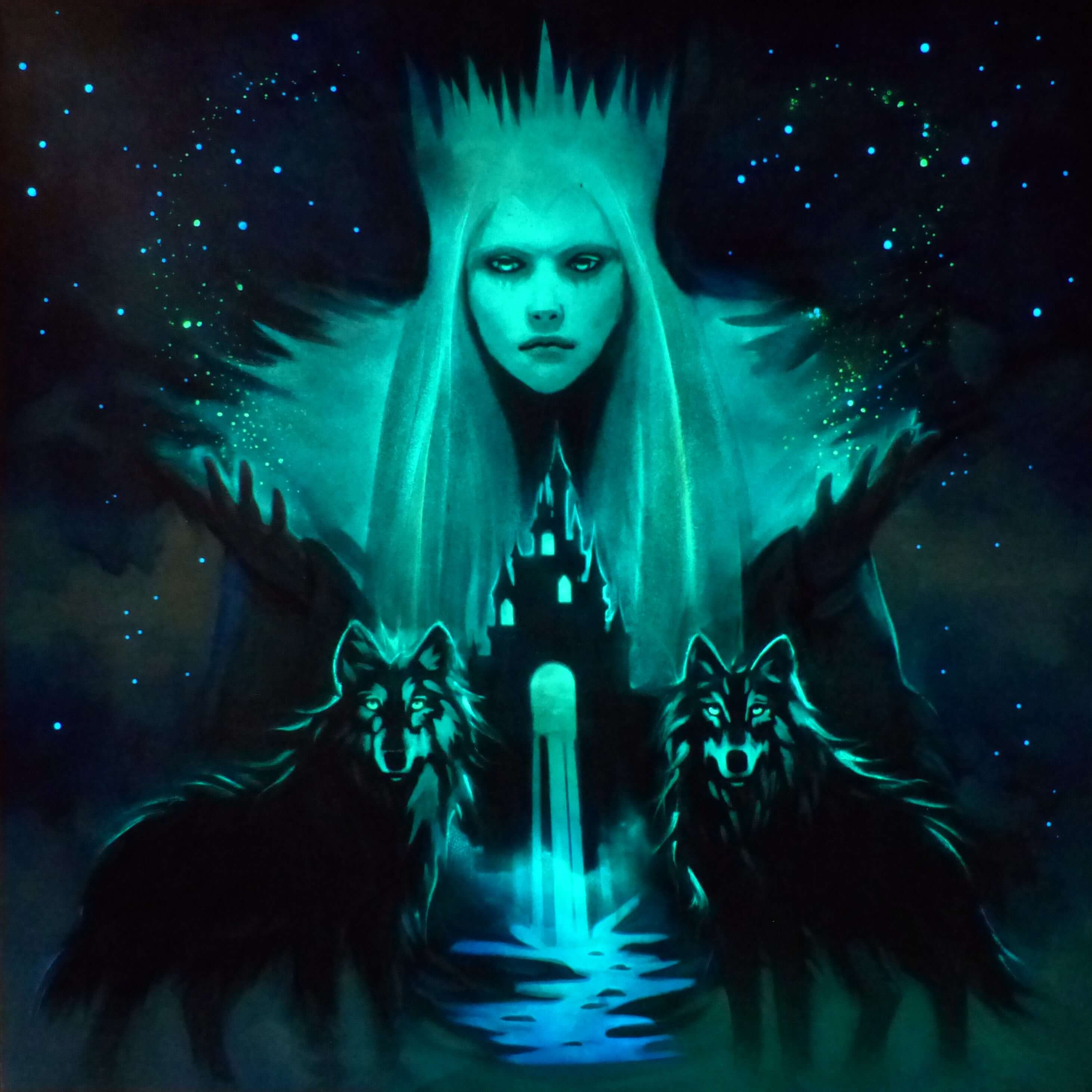 Snow queen with glowing blue hair and castle, flanked by two wolves, against a dark starry sky.