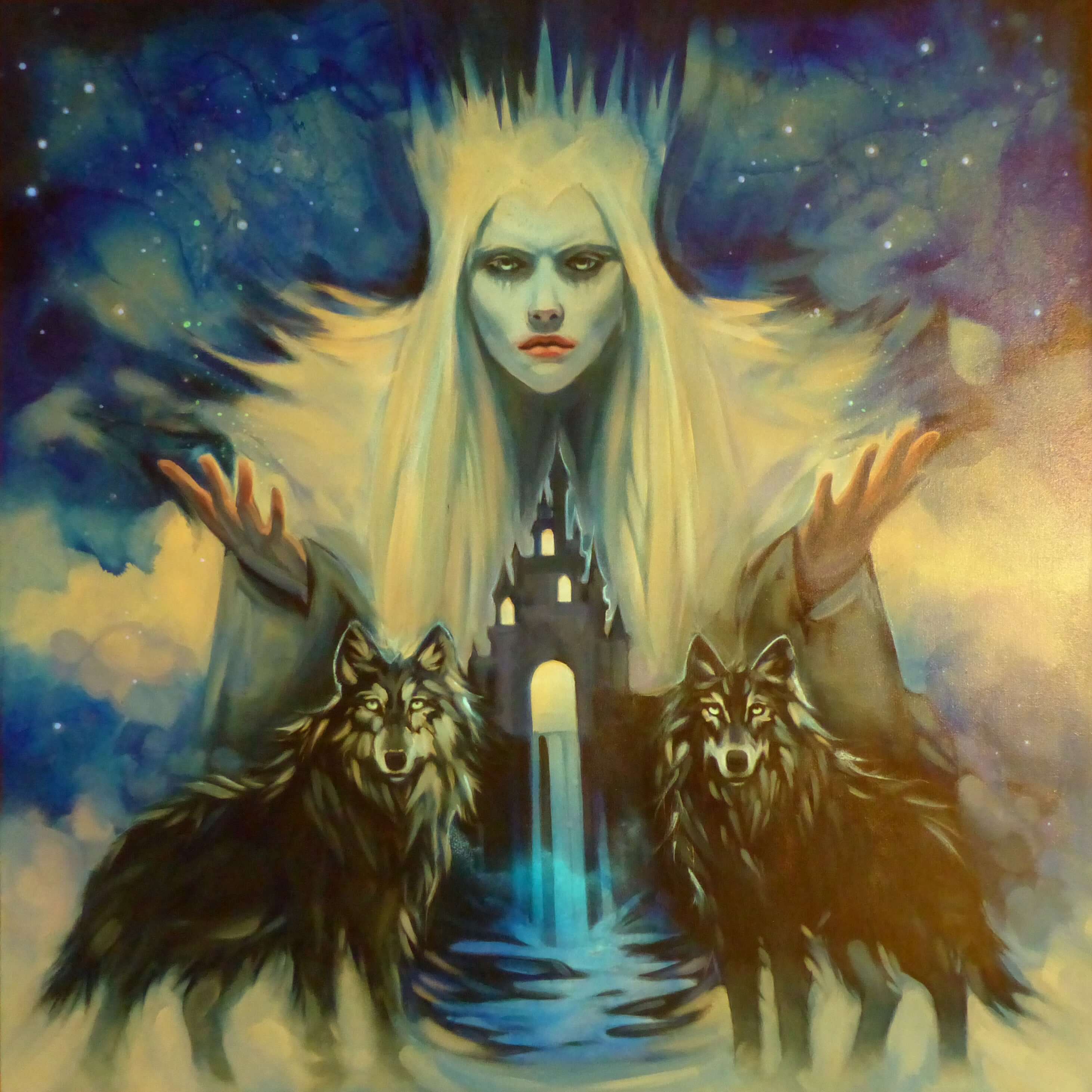 glow painting of snow queen and wolves