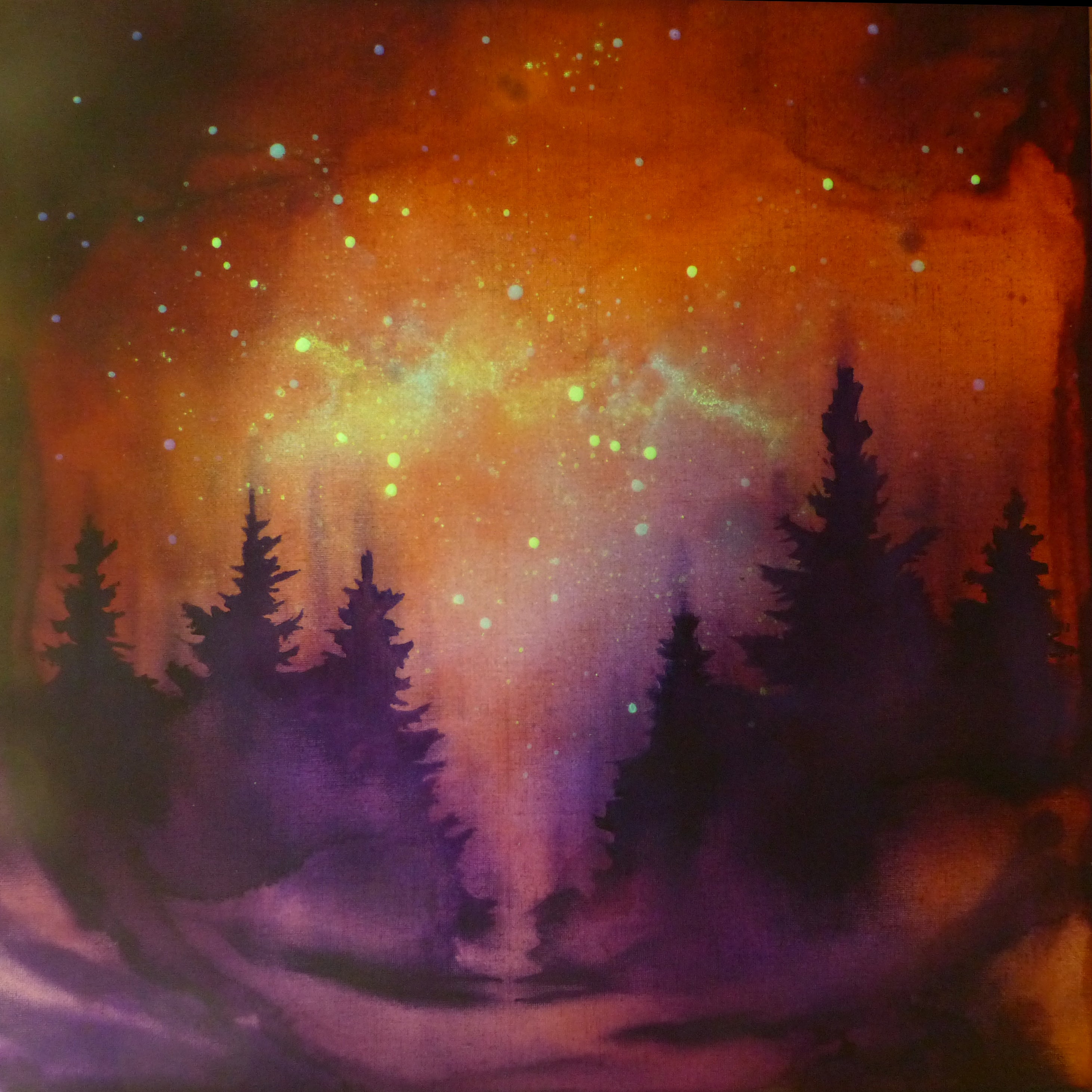 A painting of a forest under a starry night sky with vibrant colors.