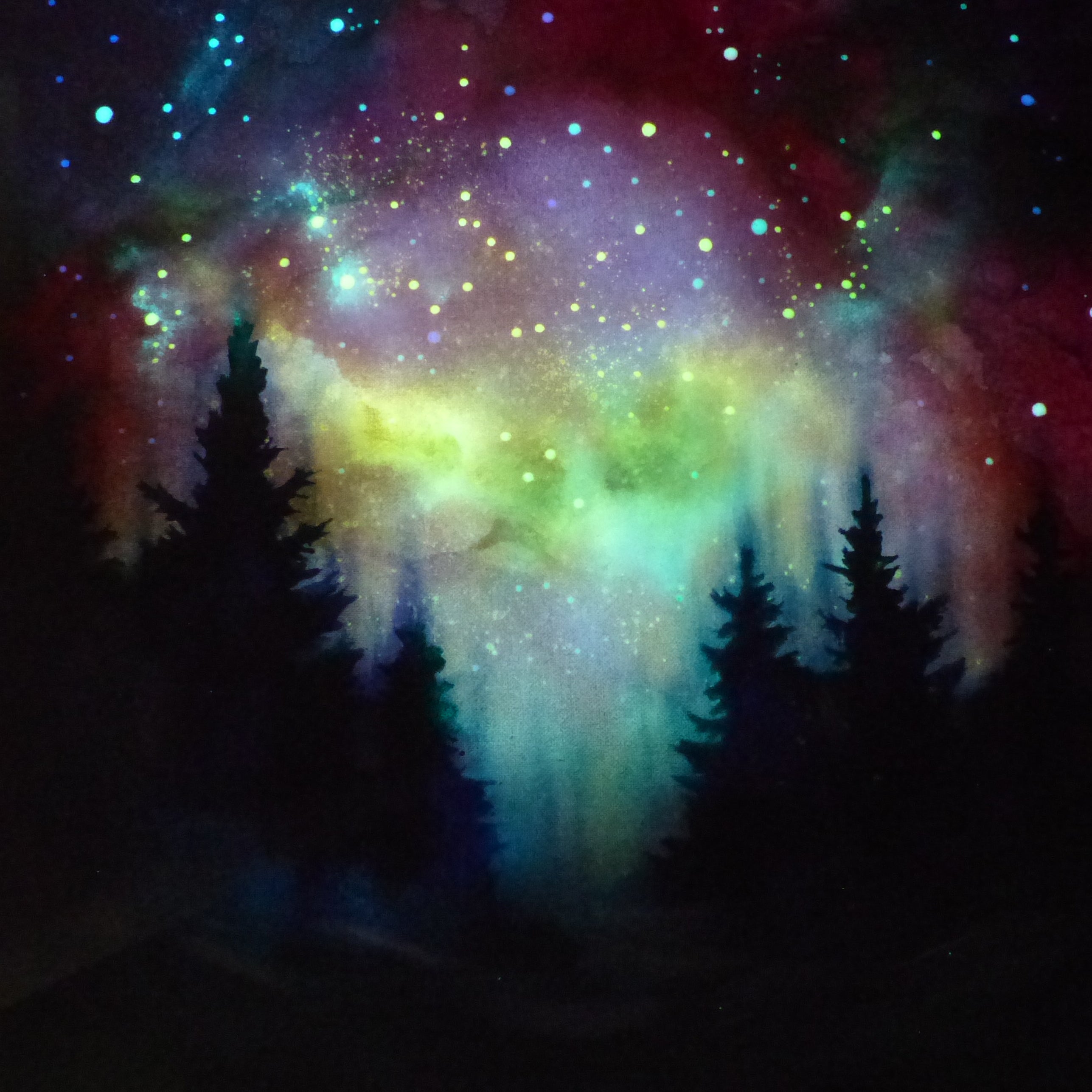 Glow in the dark art, Colorful nebula with silhouettes of trees in the foreground