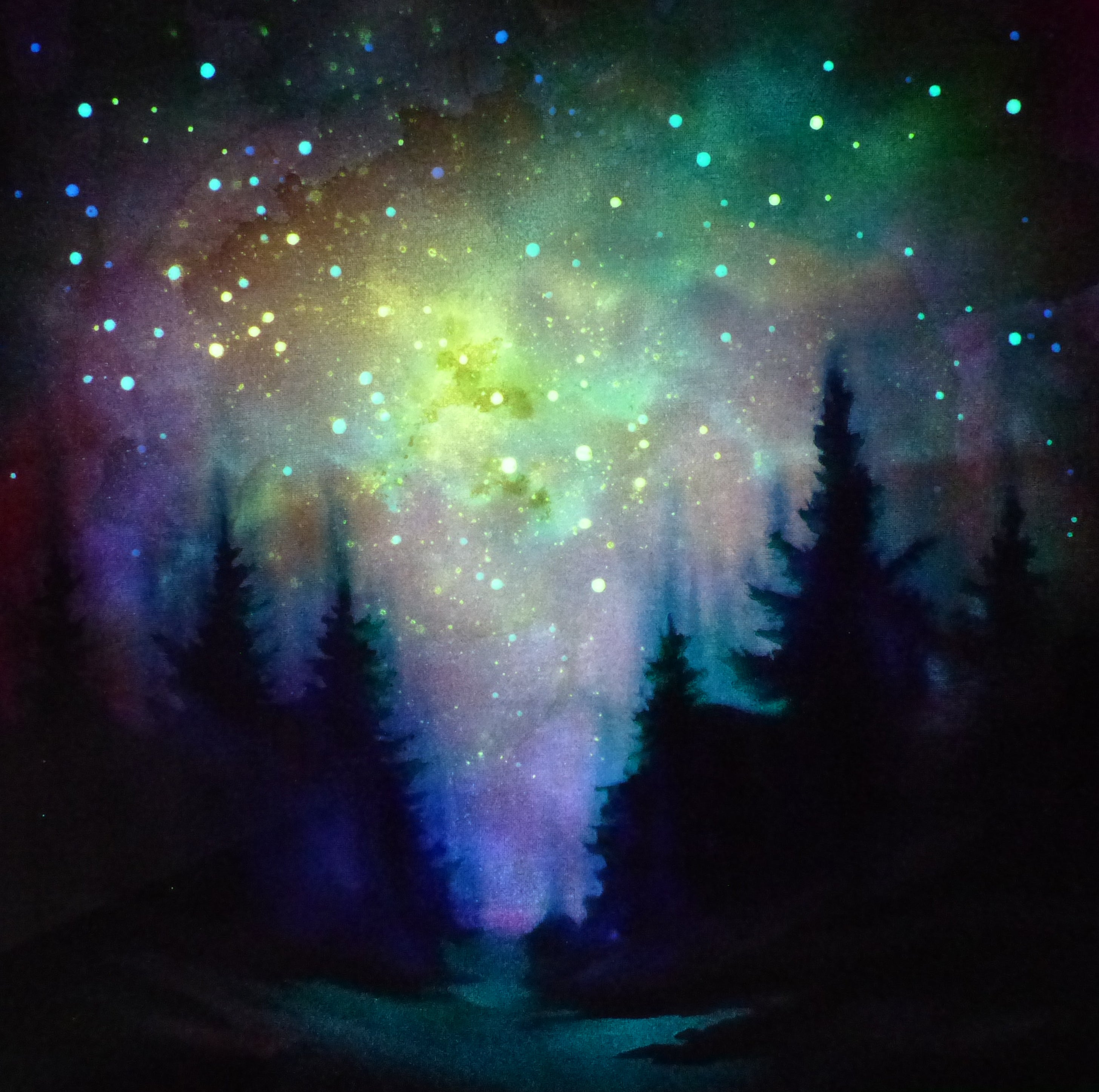 glow in the dark art of sunset at night with starry night sky