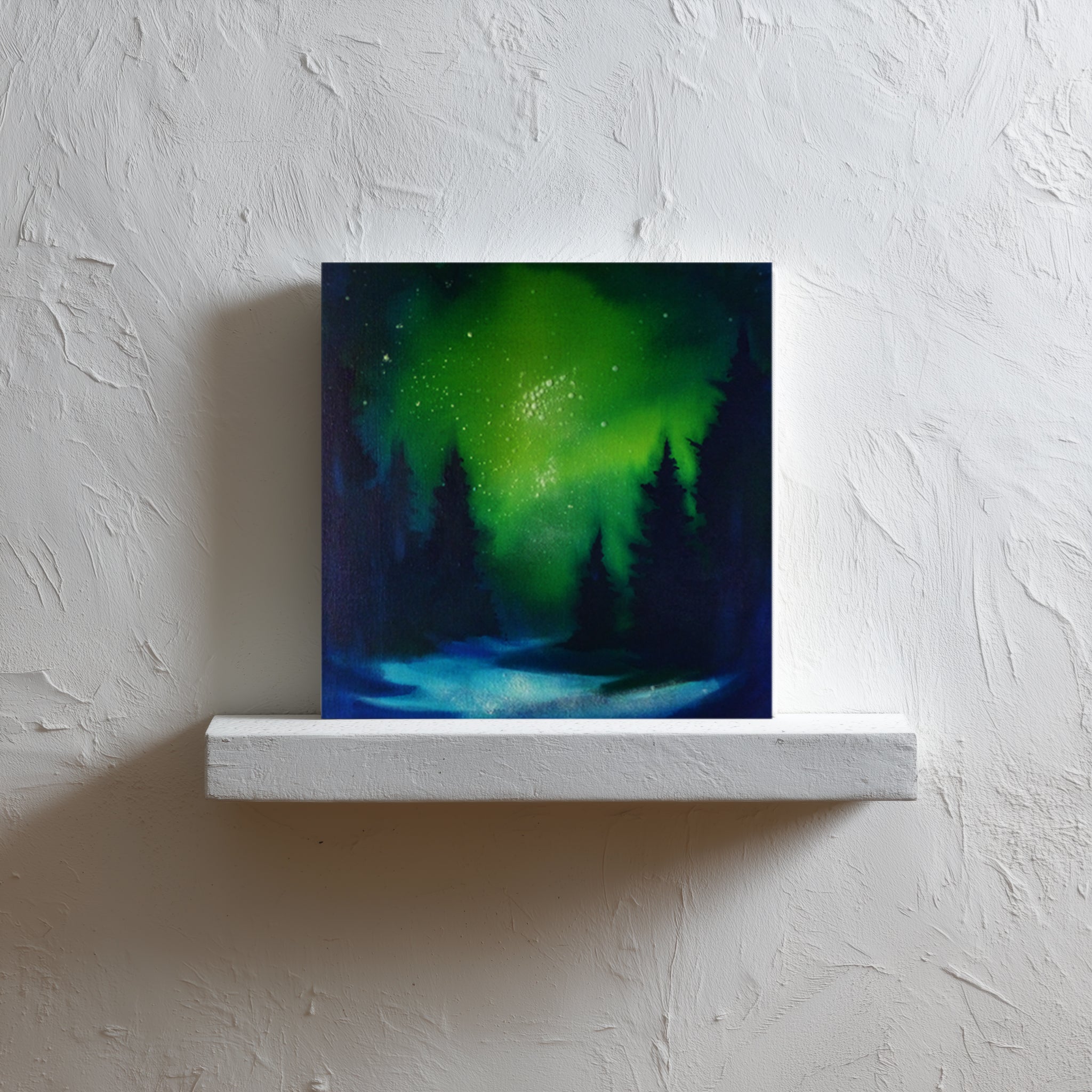 Artwork of a green forest and sky design on a white wall painted in Uv paints. 