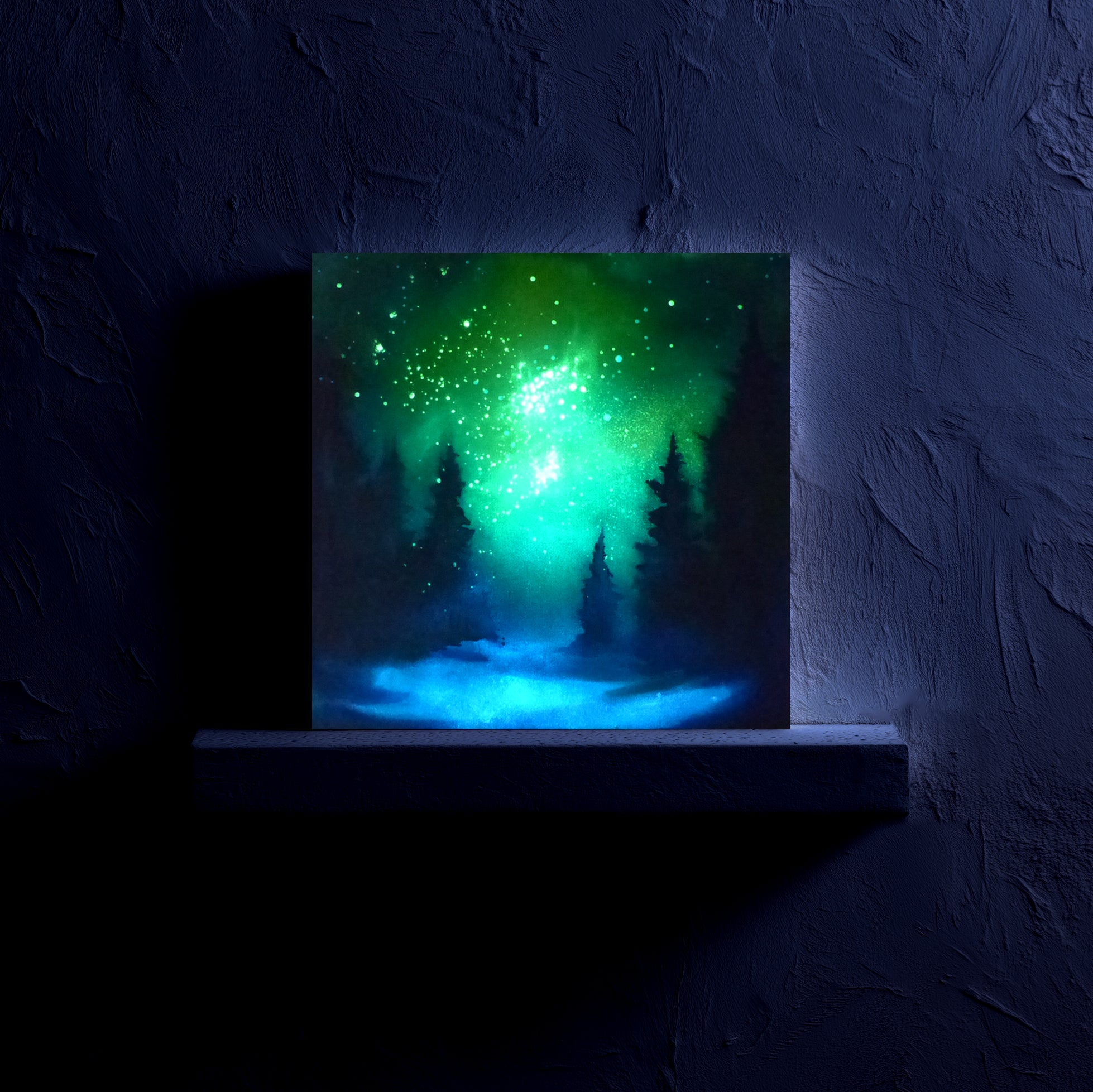 glow painting of a forest scene with green trees against a dark background, painted in UV paints