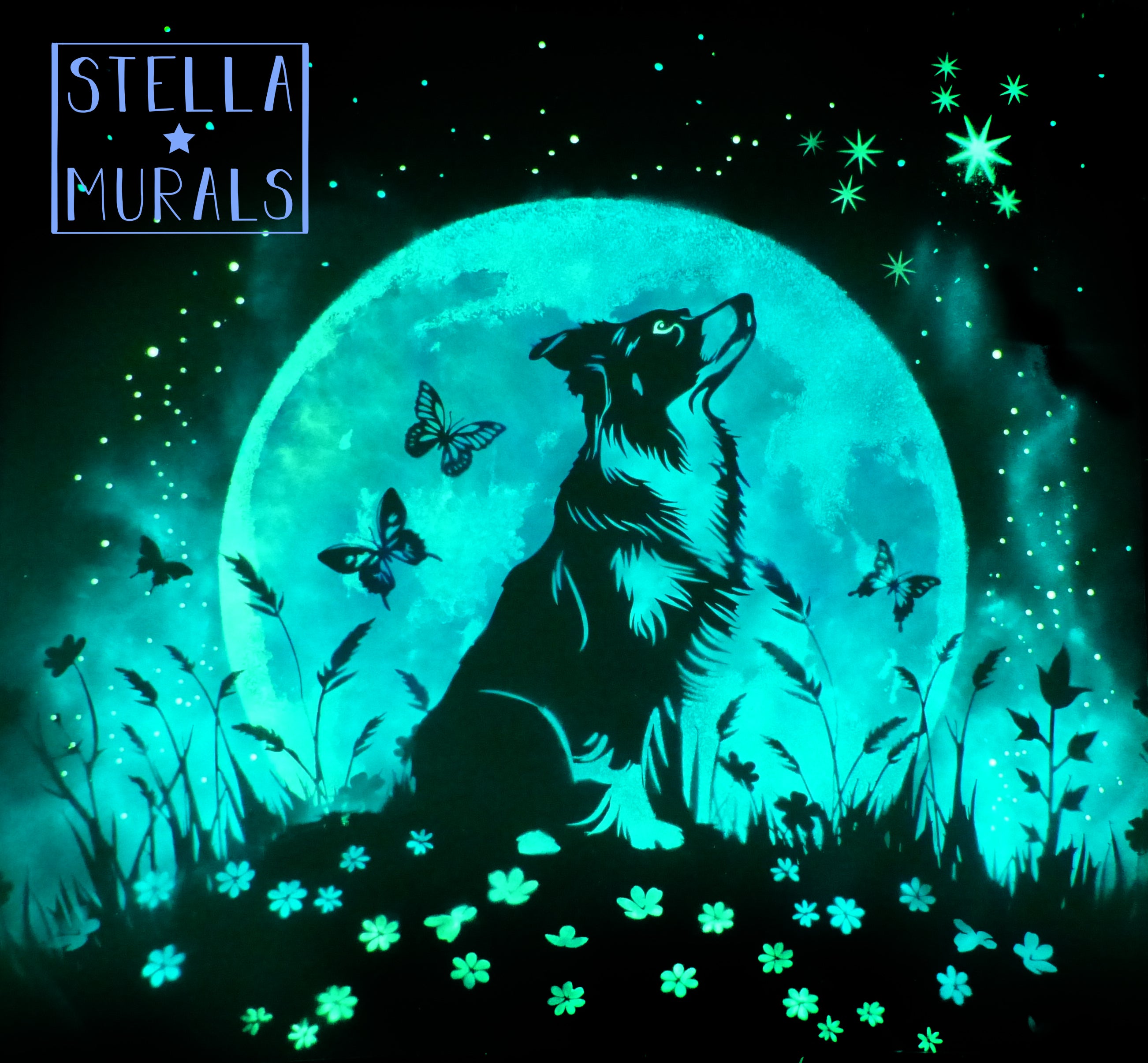Glow in the dark mural showing sheepdog silhouetted in front of the full Moon looking up at the star constellation of Canis Major 