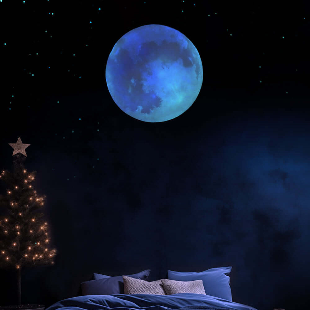 glow in the dark moon and glow stars in a bedroom at Christmas
