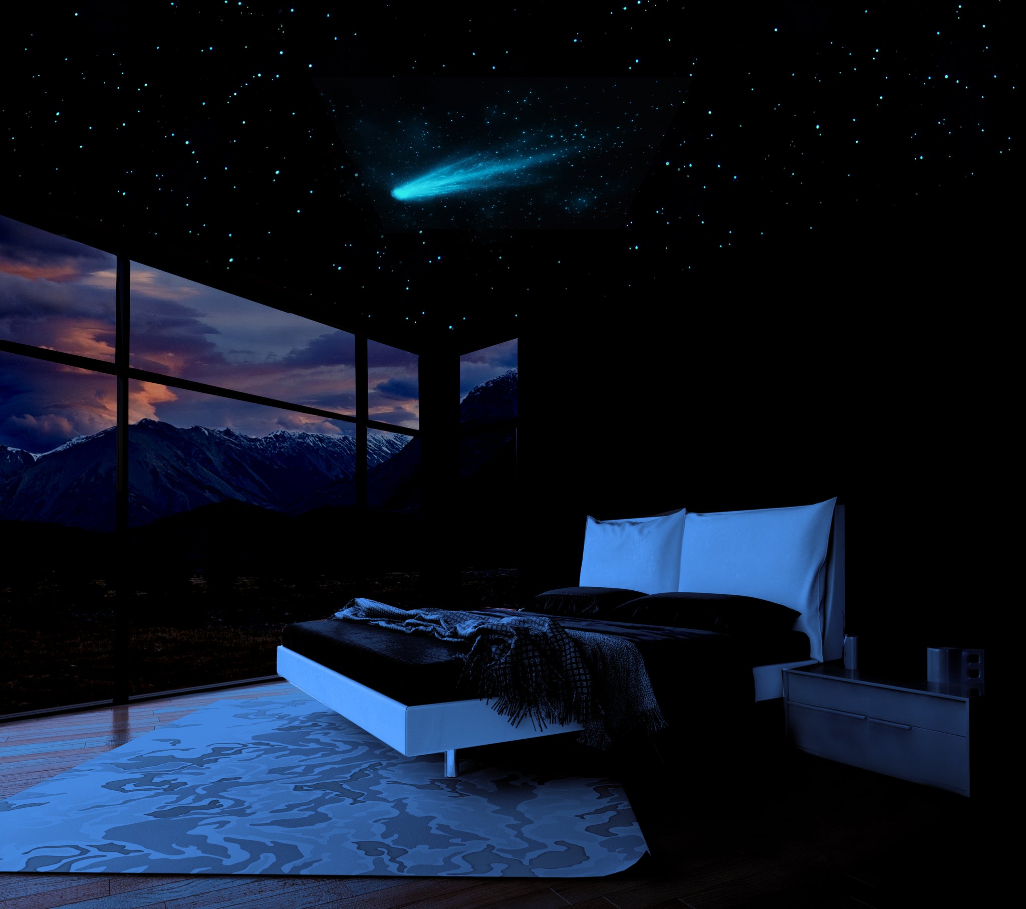Glow in the dark star ceiling with glowing comet decal and realistic glow stickers on a bedroom ceiling. Comet and stars are luminescent on the ceiling over the bed at night.