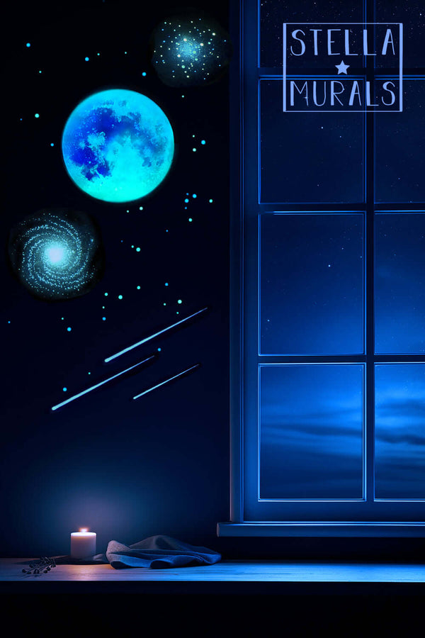 Glow in the dark ceiling with Moon, galaxy, star cluster and shooting stars. Bright full Moon beside window on wall with candle. 