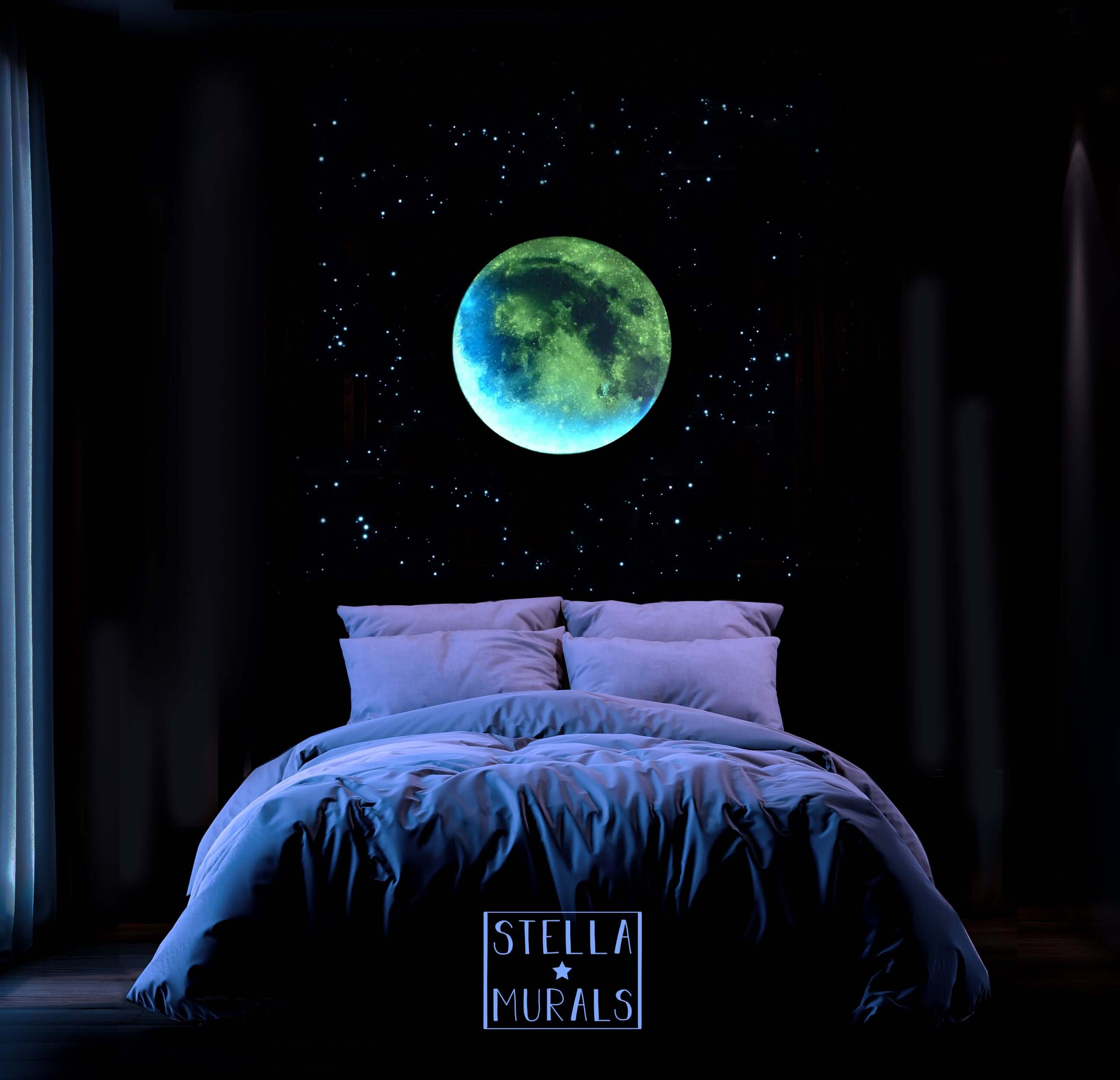 glow in the dark moon decal on bedroom wall. 3D realistic handpainted glow in the dark stars
