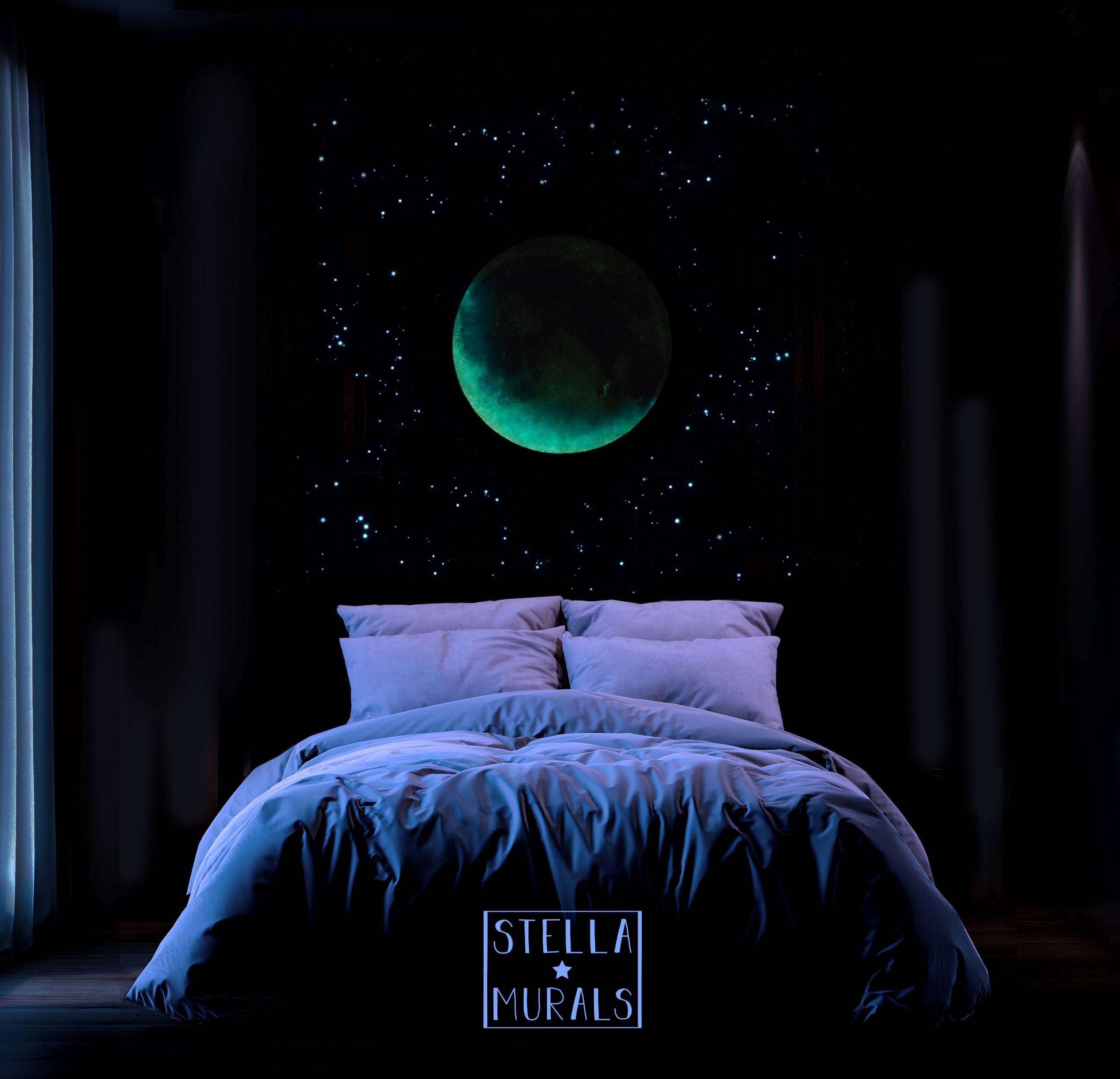 xl glow in the dark waning moon to crescent moon, phases of the moon. Unique home decor for bedrooms
