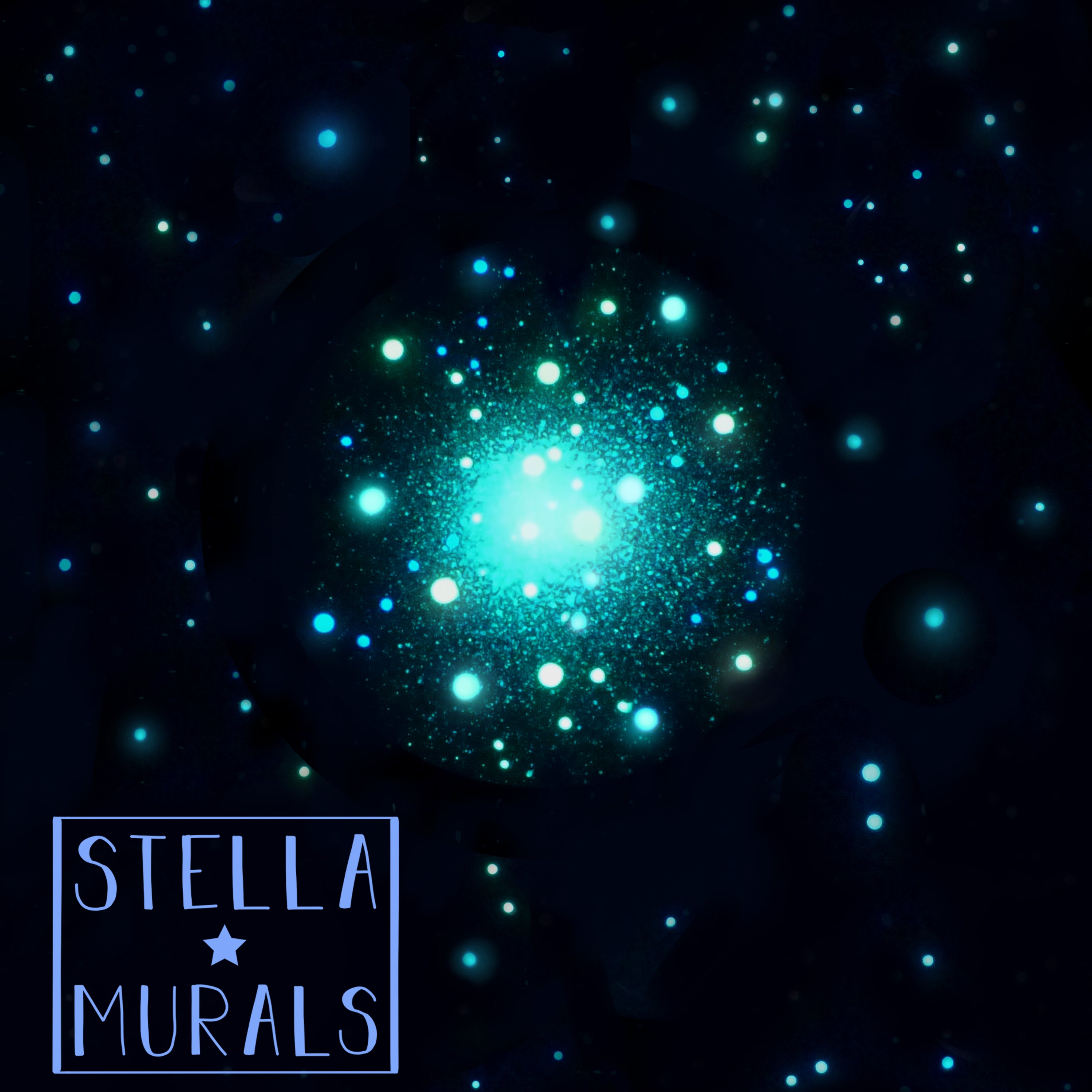 star cluster decal glowing with a blue nucleus. 