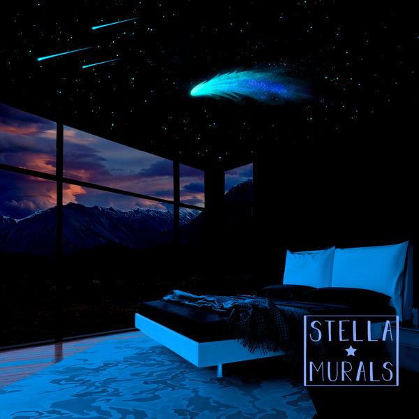 Glow-in-the-dark comet and shooting star ceiling for bedroom.