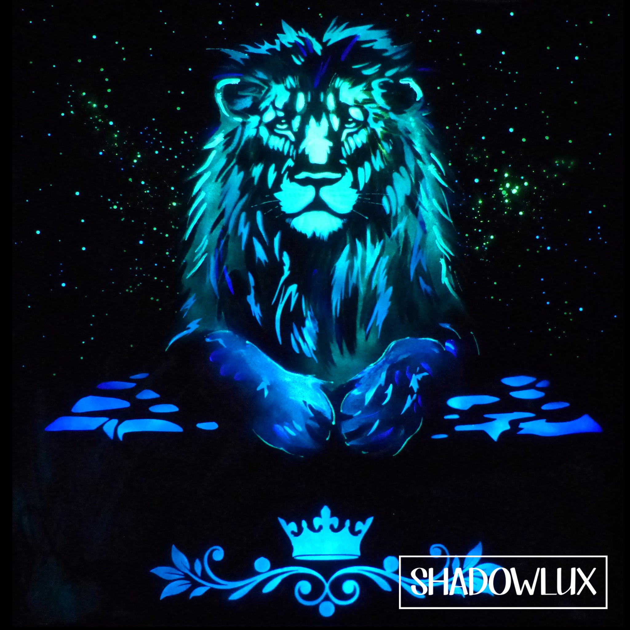 Lion painting in darkness with luminous blue forest tones and detailed stone table, glow in the dark with layers of glowing paint 