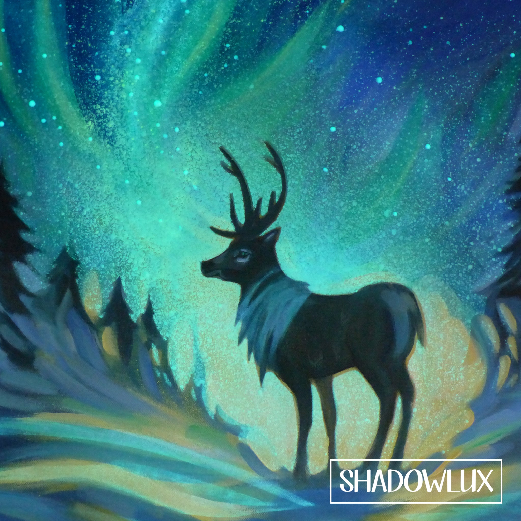 glow in the dark painting, deer in the snow