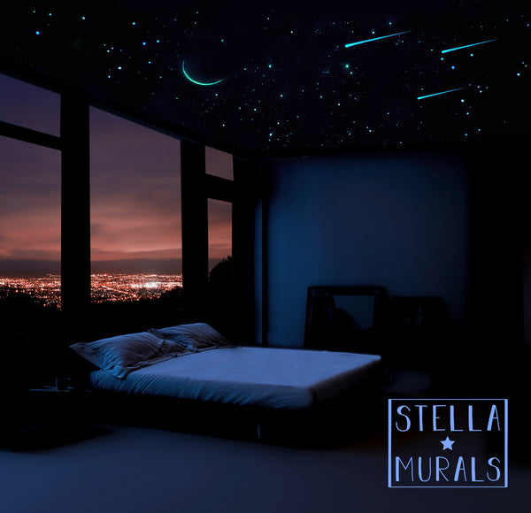 glow in the dark ceiling with crescent moon decal for the bedroom ceiling making a dreamy night sky.