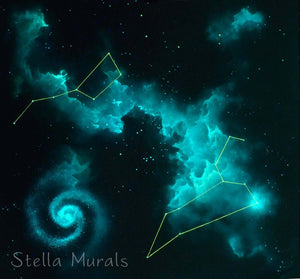 Custom glow in the star star mural with spiral galaxy, LEO and ursa major ( Big Dipper) constellations.