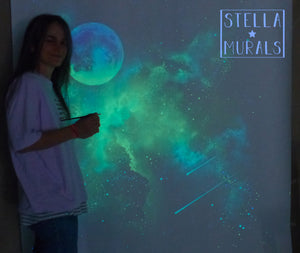 glow in the dark mural and artist esther at stella murals 2022