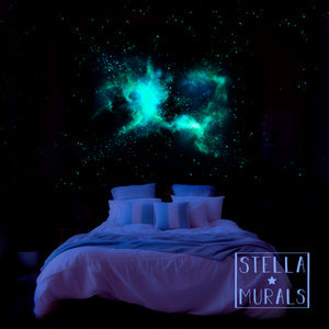 glow in the dark nebula mural on a bedroom wall at night