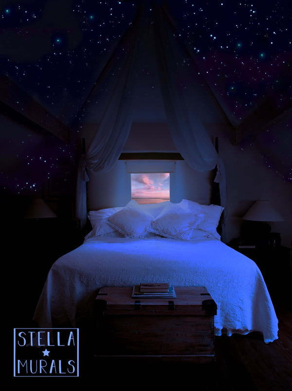 glow in the dark stars on airbnb guest room ceiling. realistic night sky in bedroom.