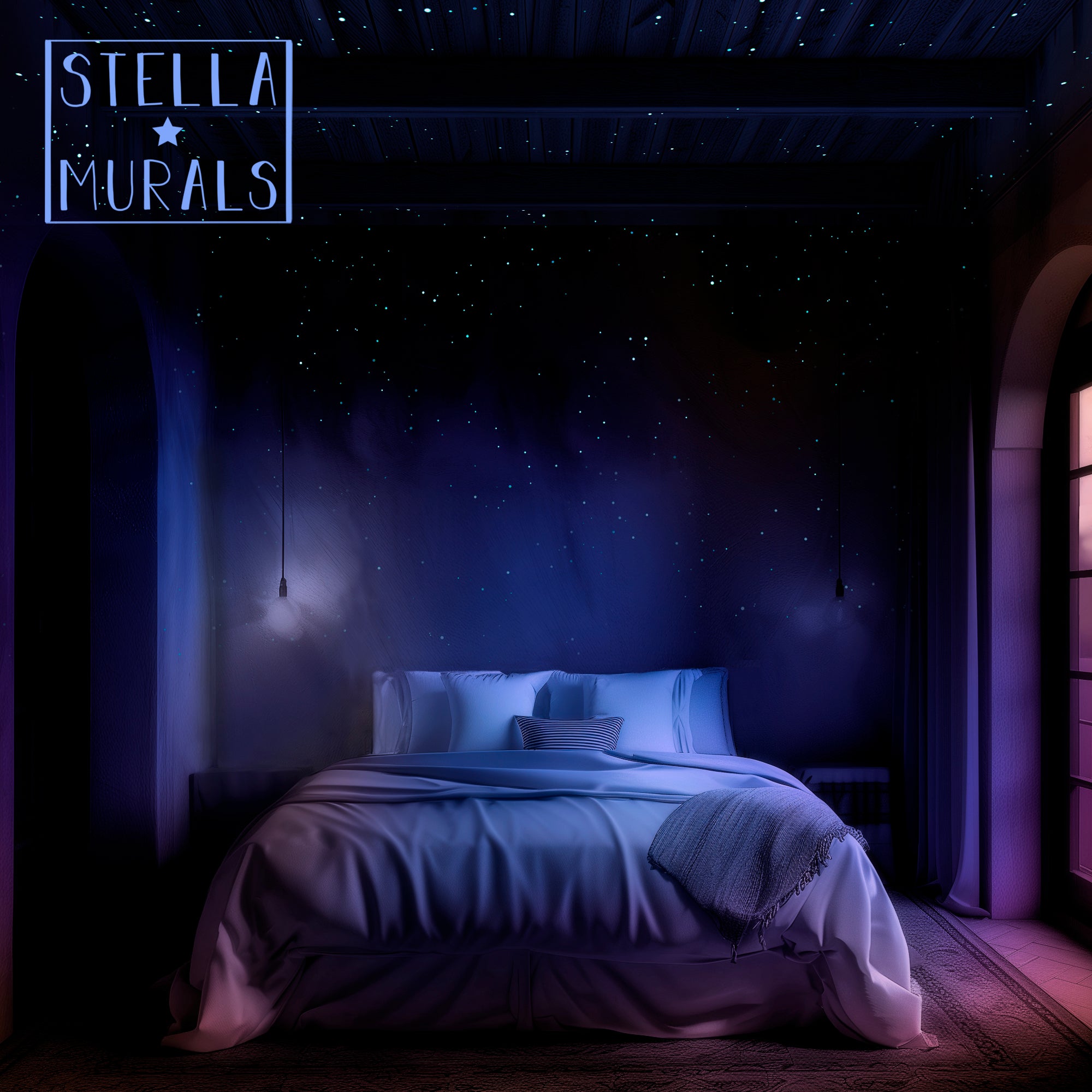 realistic glow in the dark stars in romantic bedroom glowing on the ceiling.