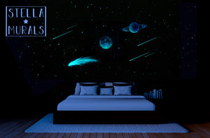 Glow in the dark star ceiling package with glow in the dark planet, comet, shooting stars and moon. Galaxy bedroom.