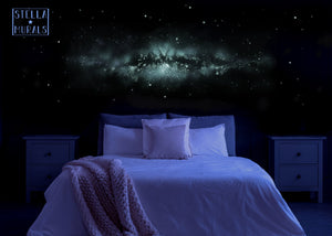 Milky way galaxy mural at half charge, colours fade out but the white after glow lasts all night. Stars around the milky way are removable glowing star stickers to cover the rest of the bedroom.