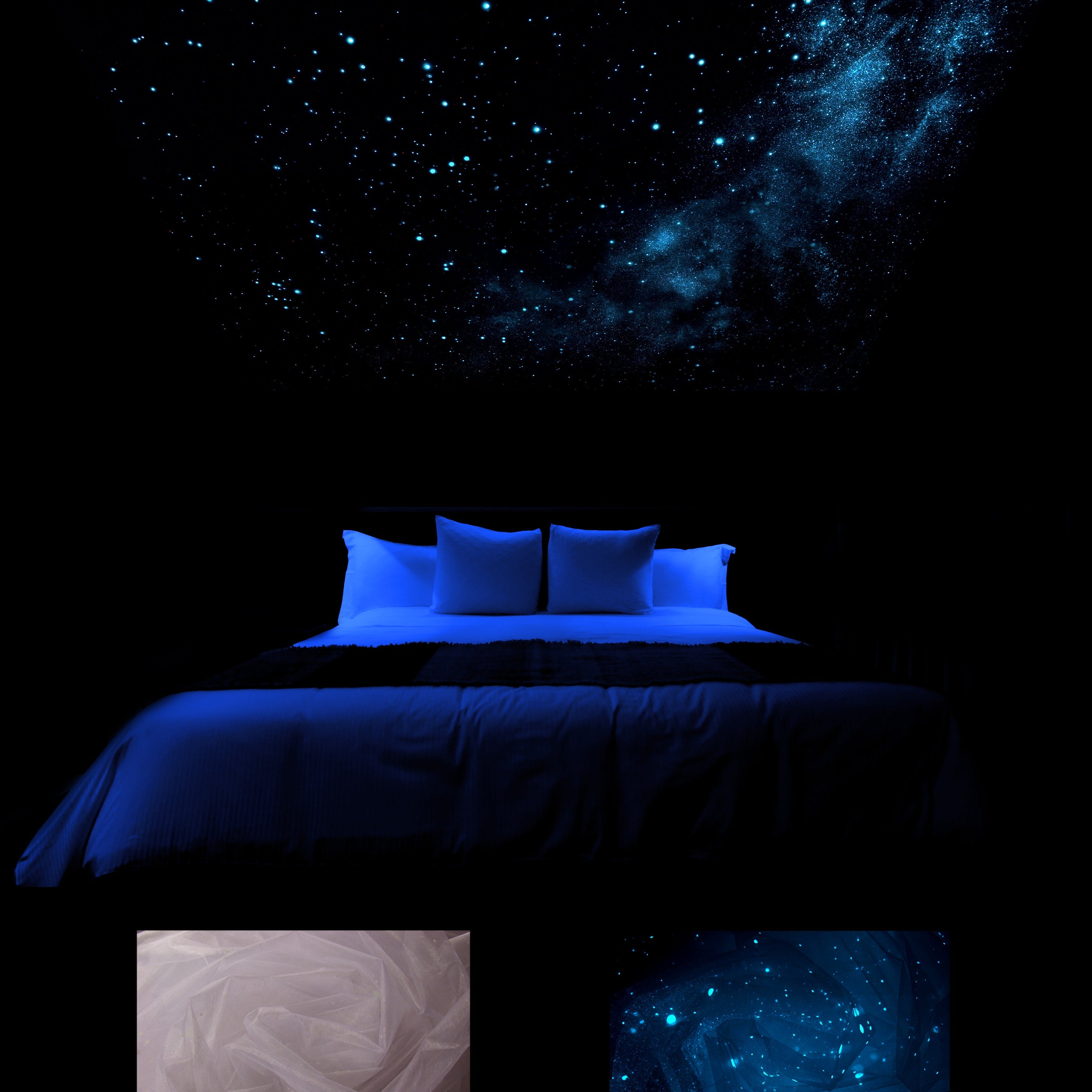 glow in the dark inspirational tapestry, blues and stars, glows like the real night sky.