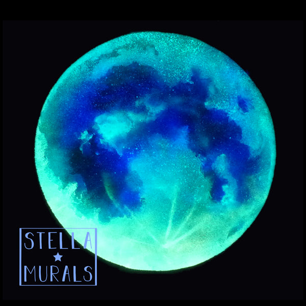 Photoluminescent moon decal, casting a soft glow in the dark, featuring a detailed and realistic interpretation of the moon's surface