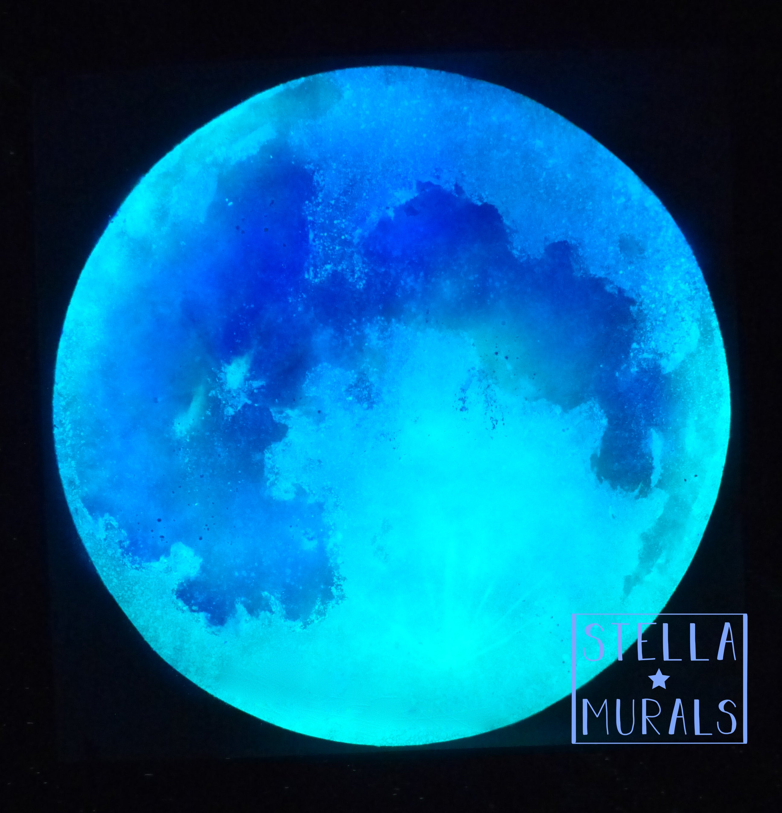 Glow in the dark moon sticker, large. blues and violet glow in the dark, handpainted for realistic night sky ceiling in bedroom.