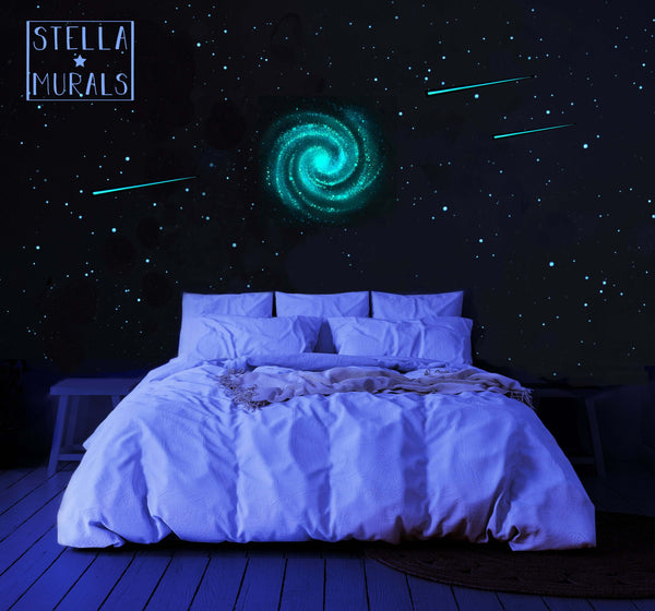 spiral galaxy star ceiling with shooting stars, whirlpool type galaxy. Unique star themed bedroom. New Zealand. 